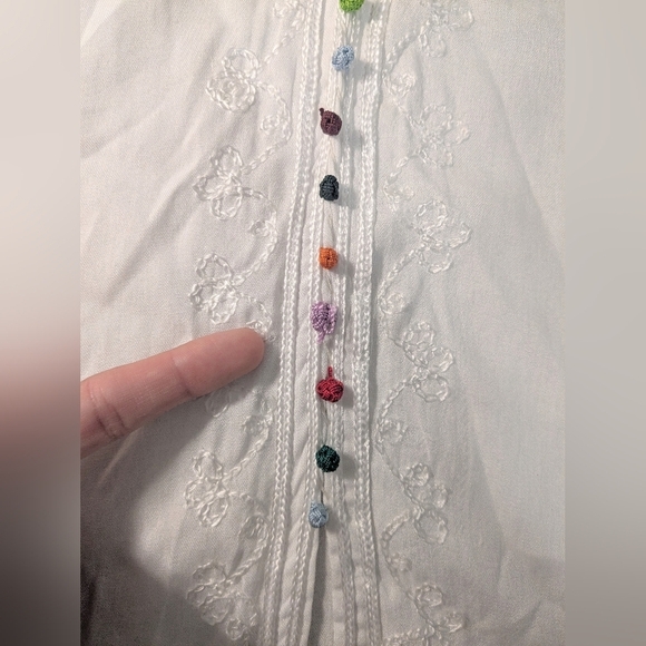 White Sheer Silky Embroidered Rainbow Pom Pom Buttoned V-Neck Tunic Blouse - Picture 7 of 9